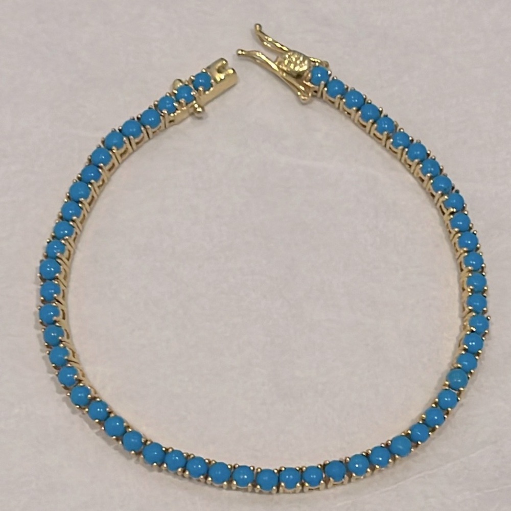 Simulated Blue Turquoise Tennis Bracelet 5 ct Round 7.25” Yellow Gold Plated New